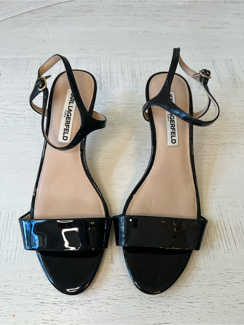 Karl Lagerfeld Women's Black Patent Ankle-Strap Heels - Picture 2 of 5